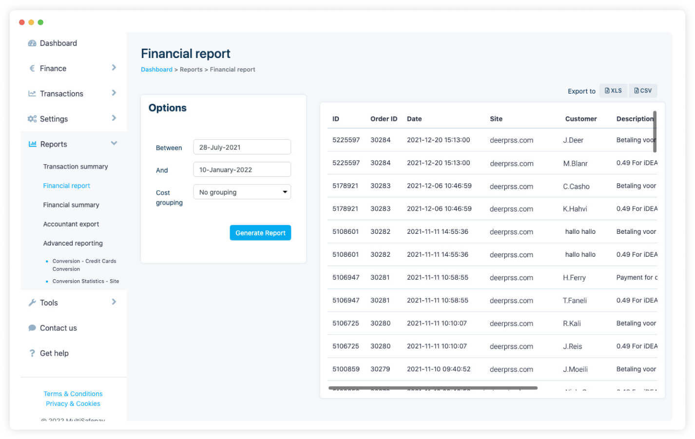Het MultiSafepay dashboard toont verschillende financiele rapportages en opties