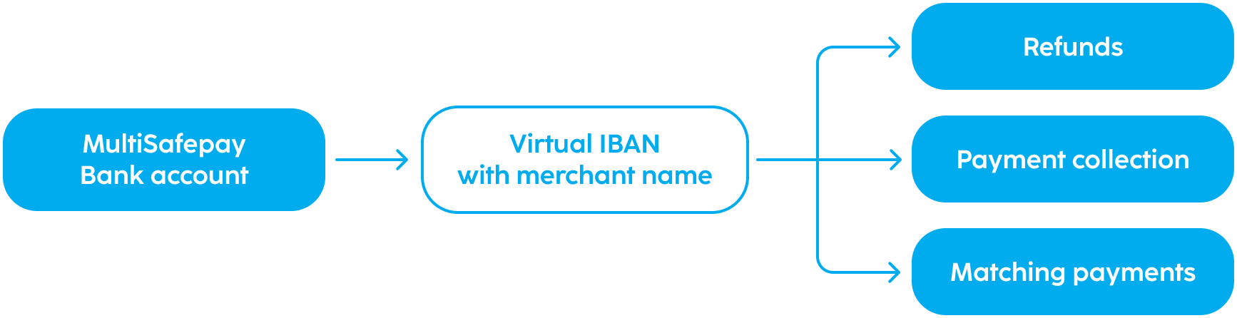 A diagram showing how MultiSafepay uses a virtual IBAN to create a bank account that is displayed to the consumer