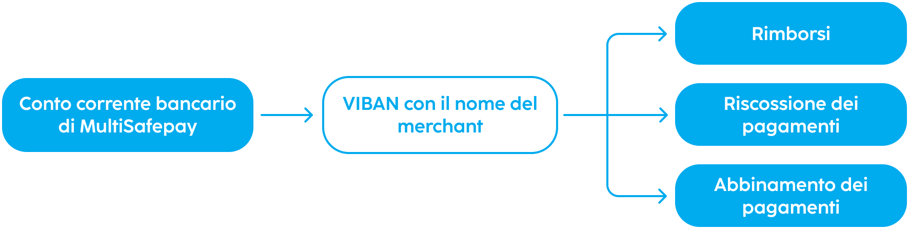 Un diagramma che mostra come MultiSafepay utilizza un IBAN virtuale per creare un conto bancario che viene visualizzato dal consumatore.