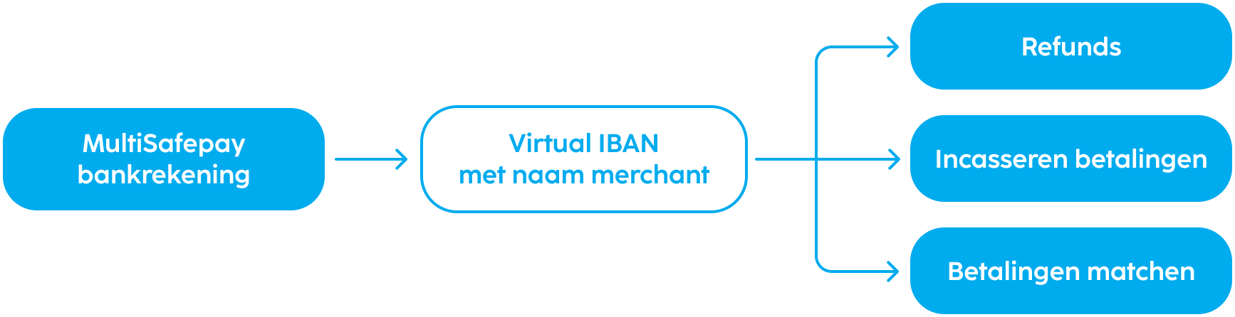 Een schema dat toont hoe MultiSafepay een virtual IBAN gebruikt om een bankrekening te creëren die aan de consument wordt getoond